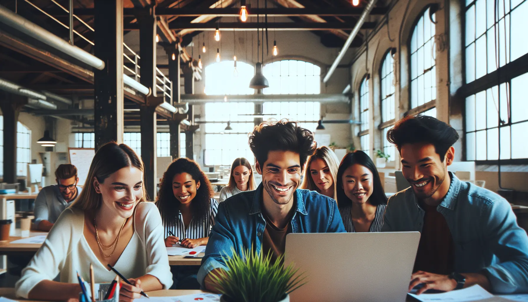 Innovative team working on AI-powered email marketing in a modern office