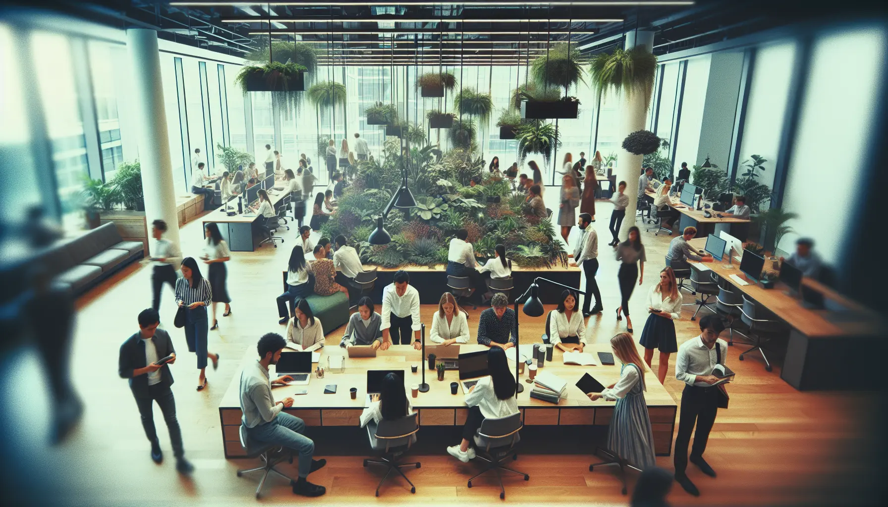 Team of young professionals using AI technology in a modern office