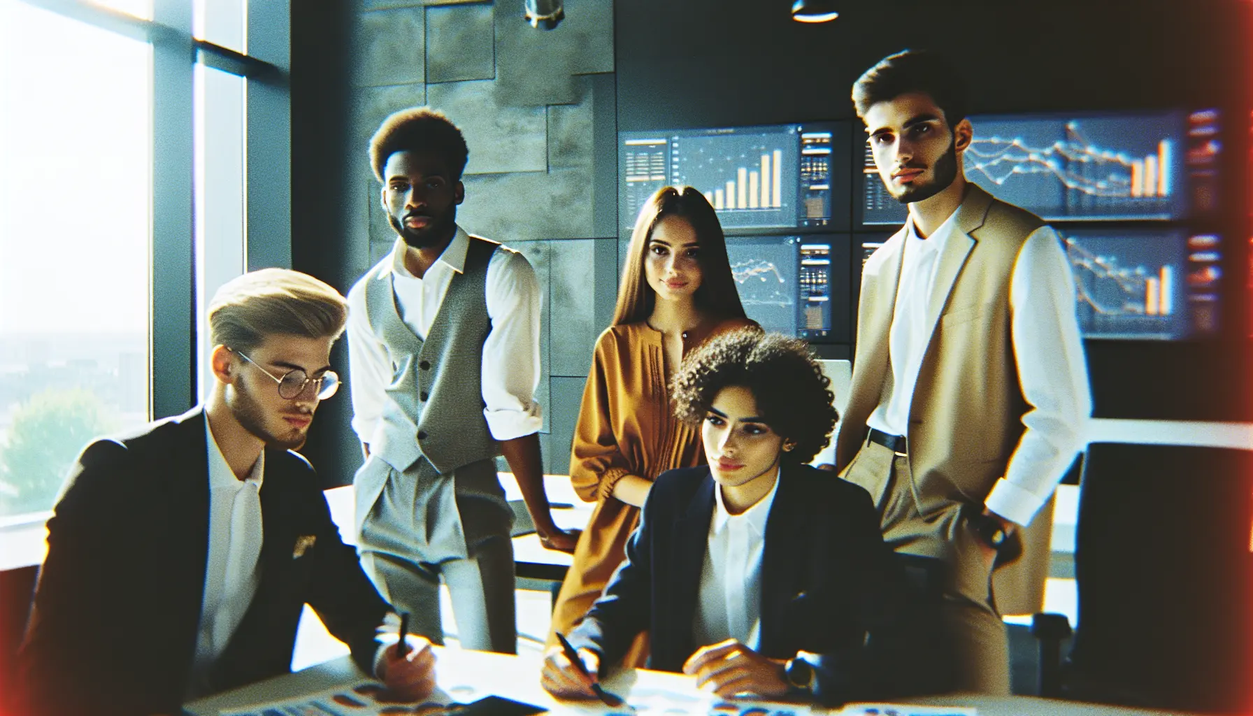 Team of marketers strategizing with AI technology in a modern office