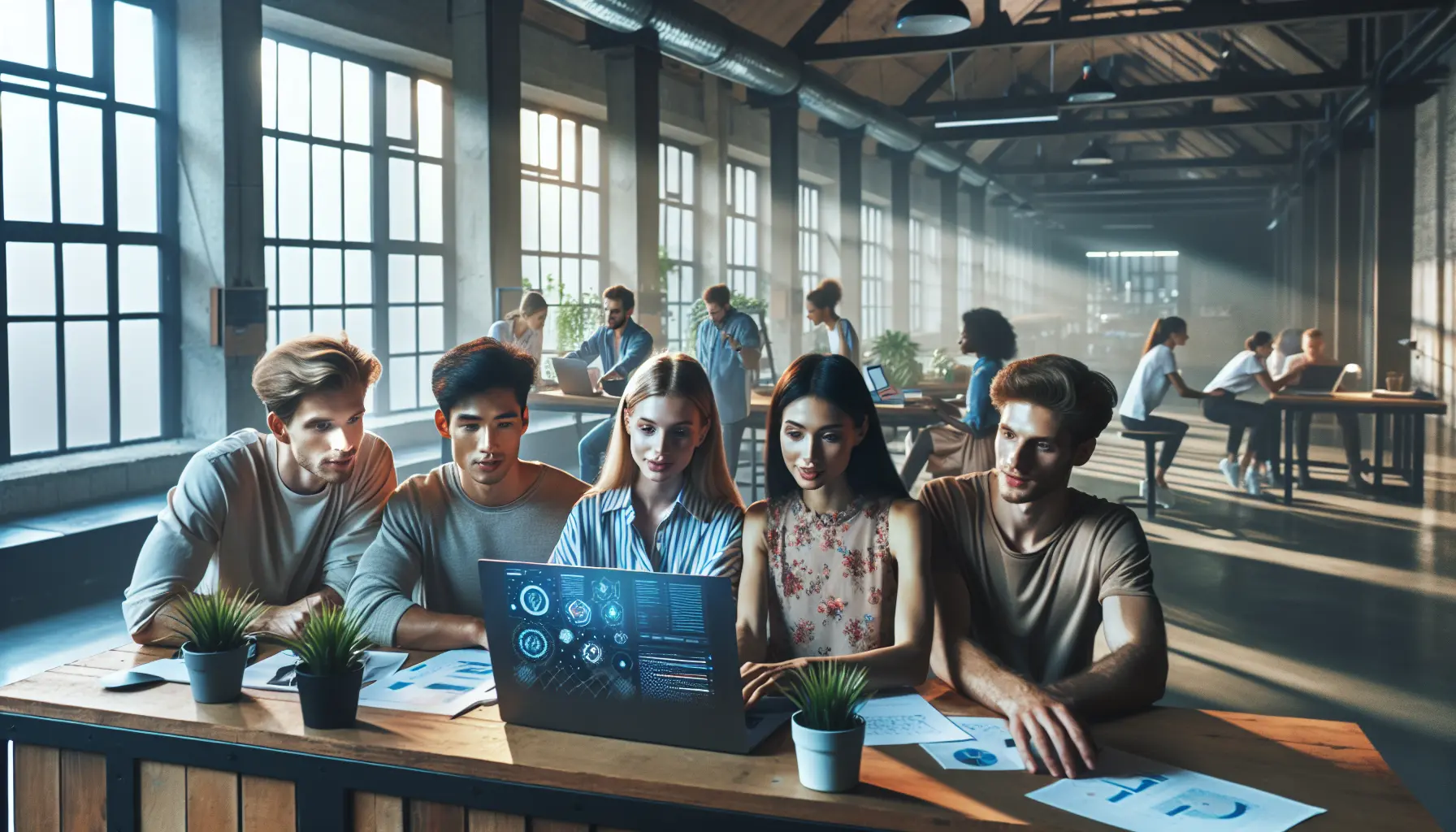 Team collaborating on AI-generated email campaigns in a modern office